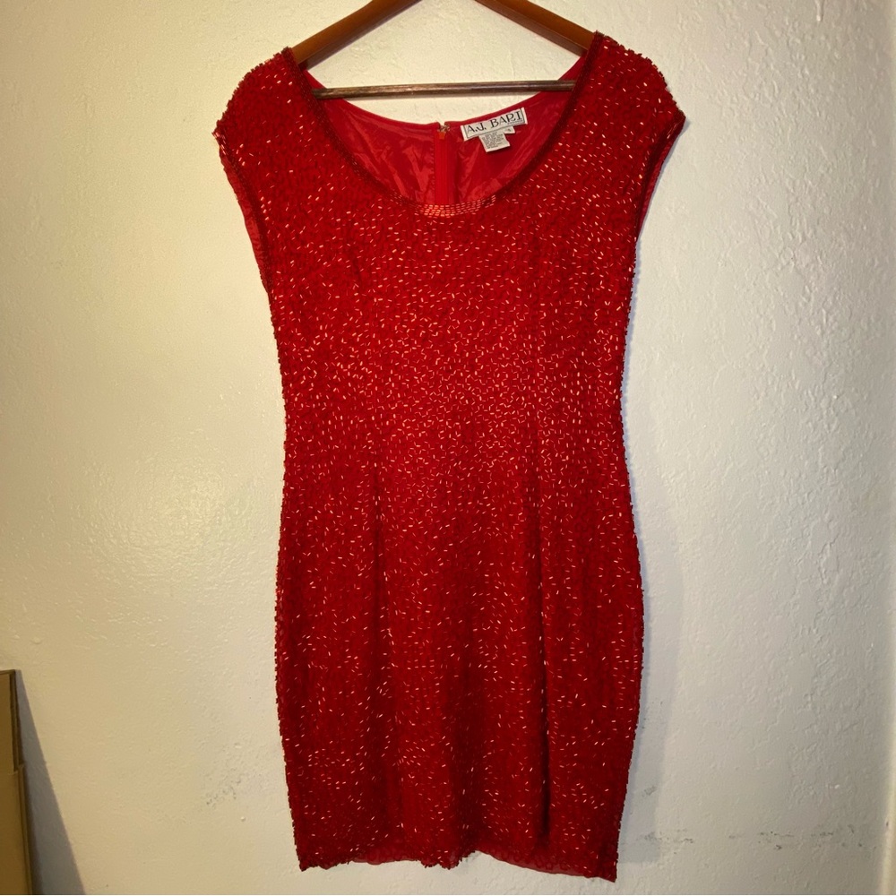 Vintage AJ Bari Elegant Red Beaded Silk Cocktail Dress Glam 80s / 90s Statement